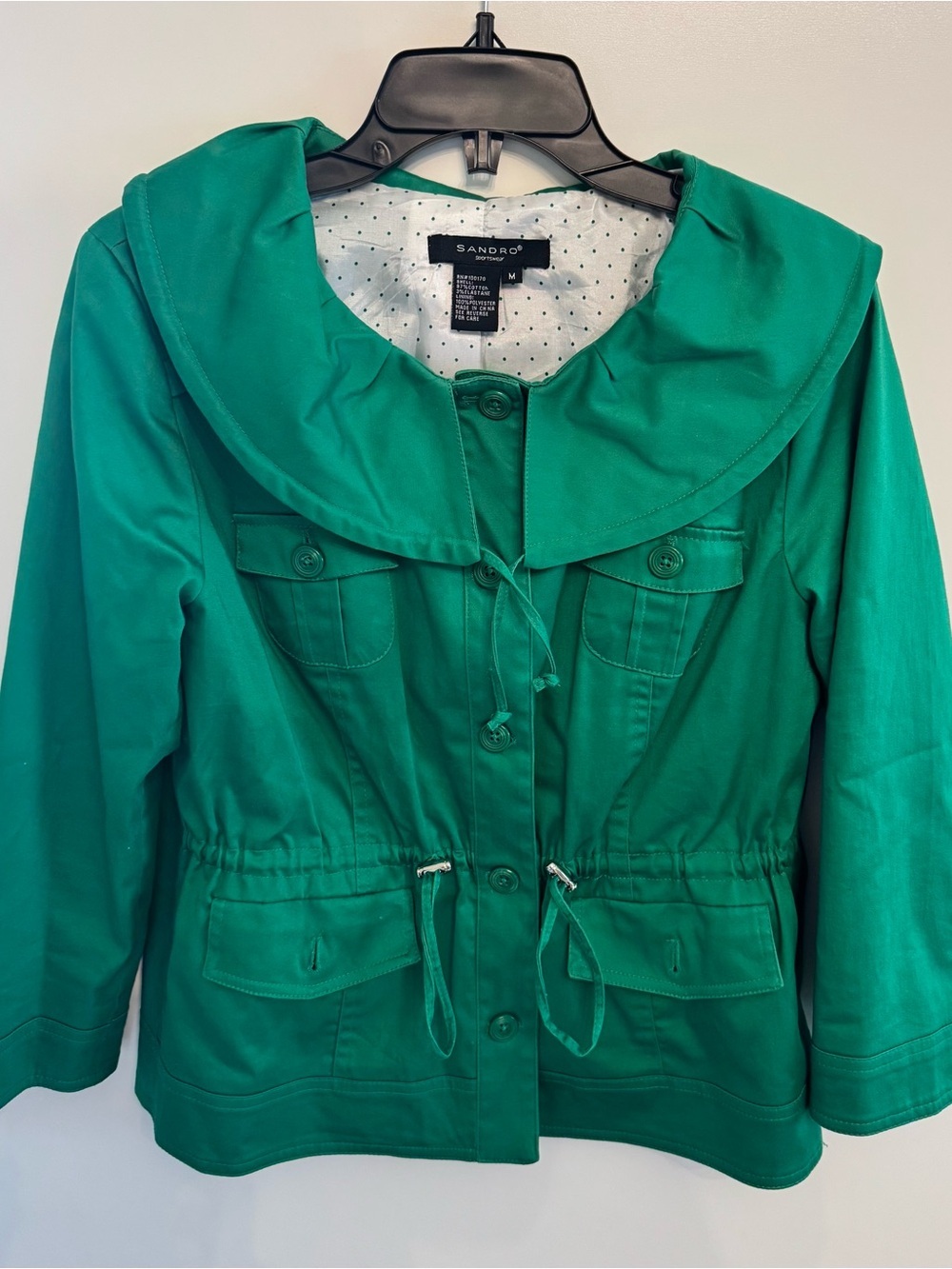 Sandro Green Utility Jacket Oversized Collar Cinch Waist French Girl M